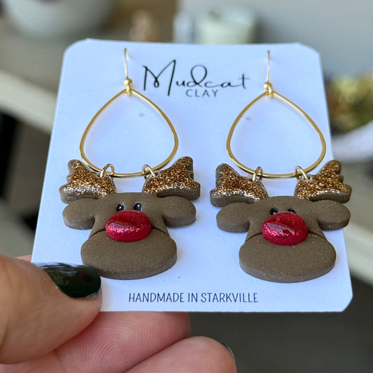 Big Face Reindeer Earrings on Teardrop Hoop Dangle