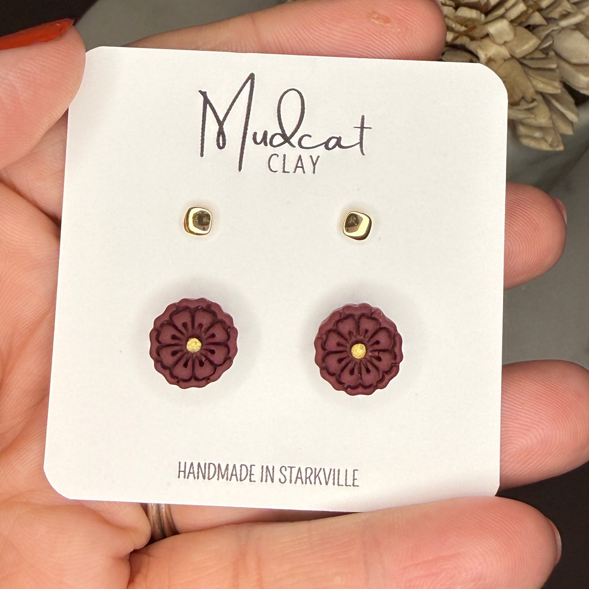 Gold Stud Combo - Rounded Squares & Maroon Daisies