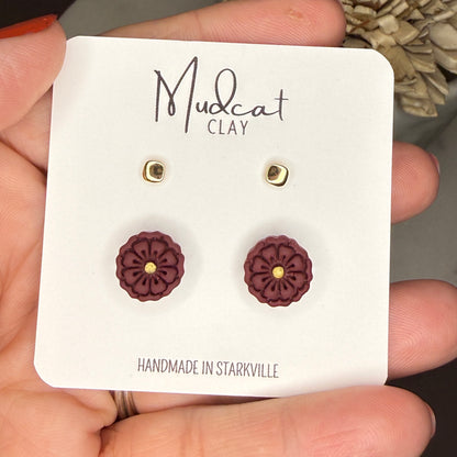 Gold Stud Combo - Rounded Squares & Maroon Daisies