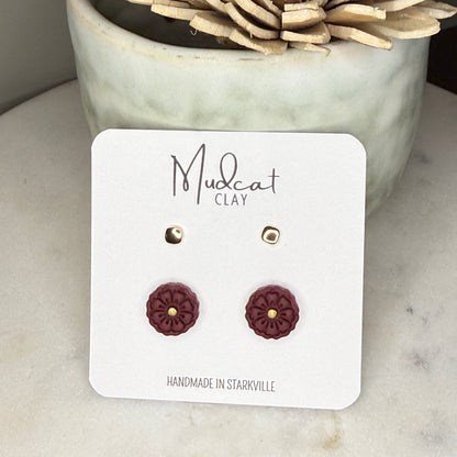 Gold Stud Combo - Rounded Squares & Maroon Daisies