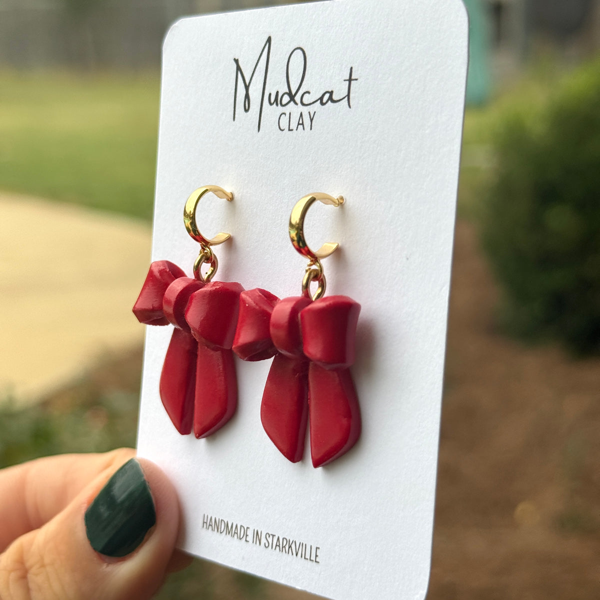 3D Glossy Red Ribbon Bow Earrings