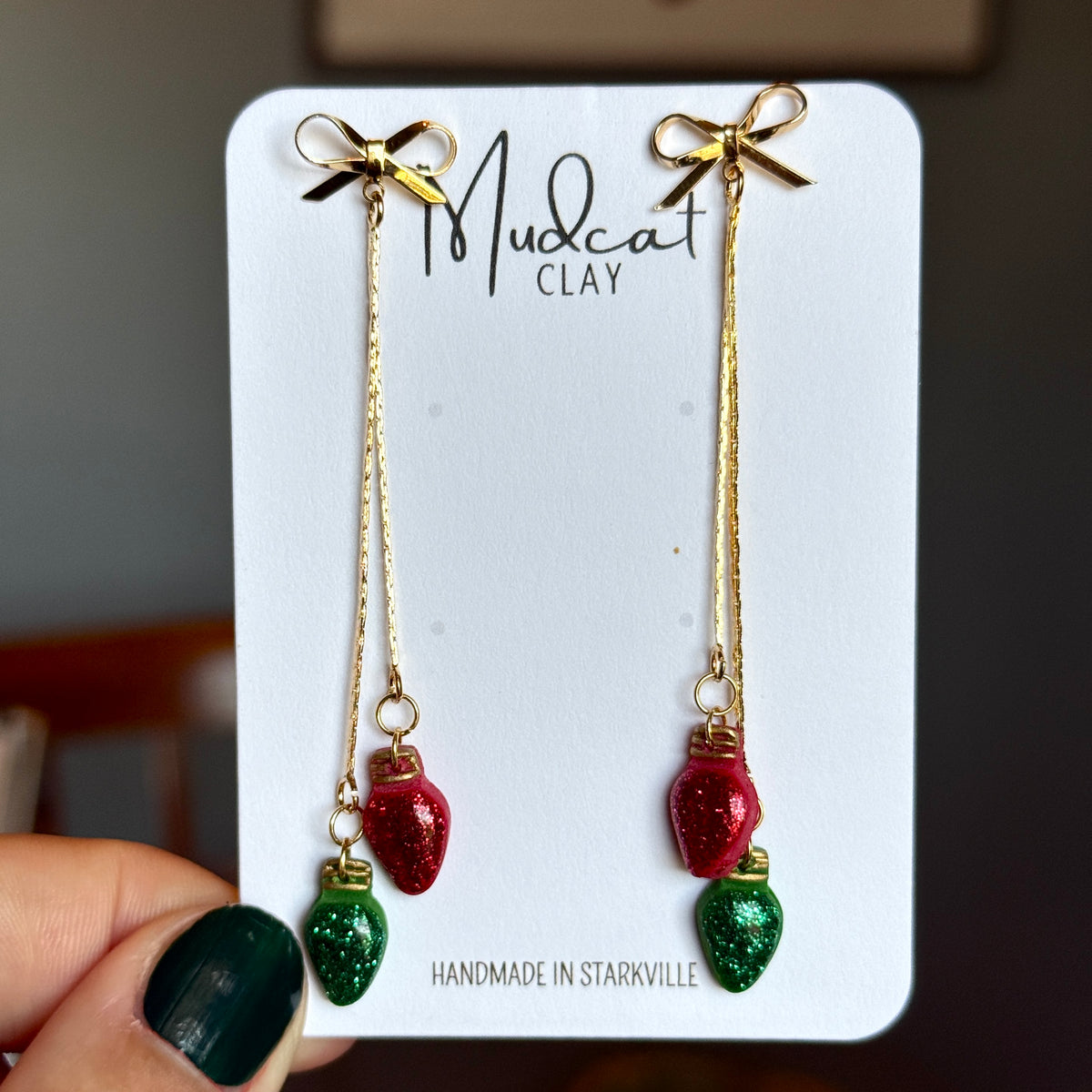 Mini Christmas Lights - Chain & Bow Dangle Earrings