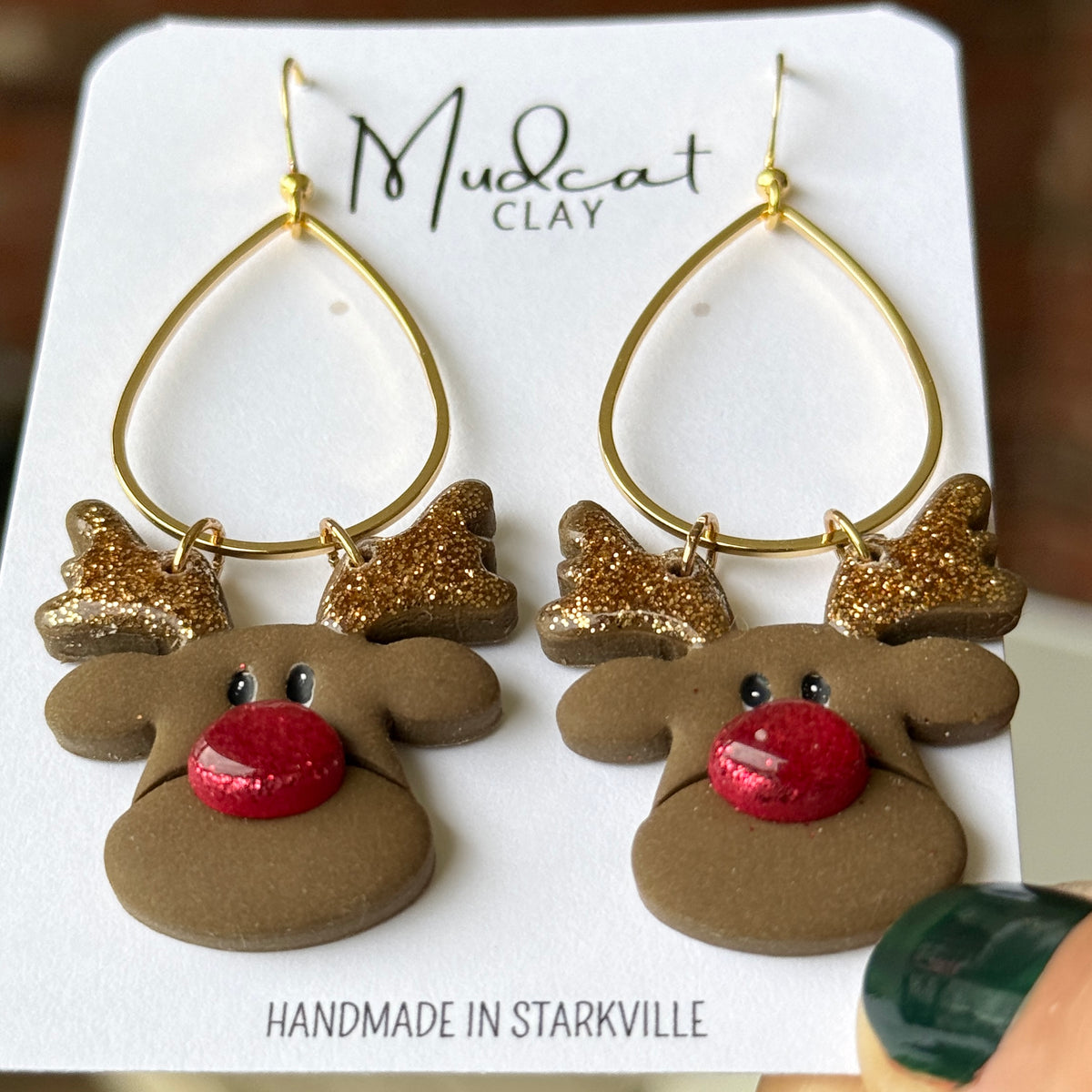 Big Face Reindeer Earrings on Teardrop Hoop Dangle