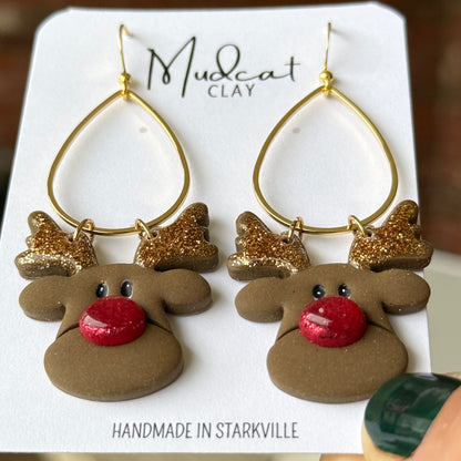Big Face Reindeer Earrings on Teardrop Hoop Dangle