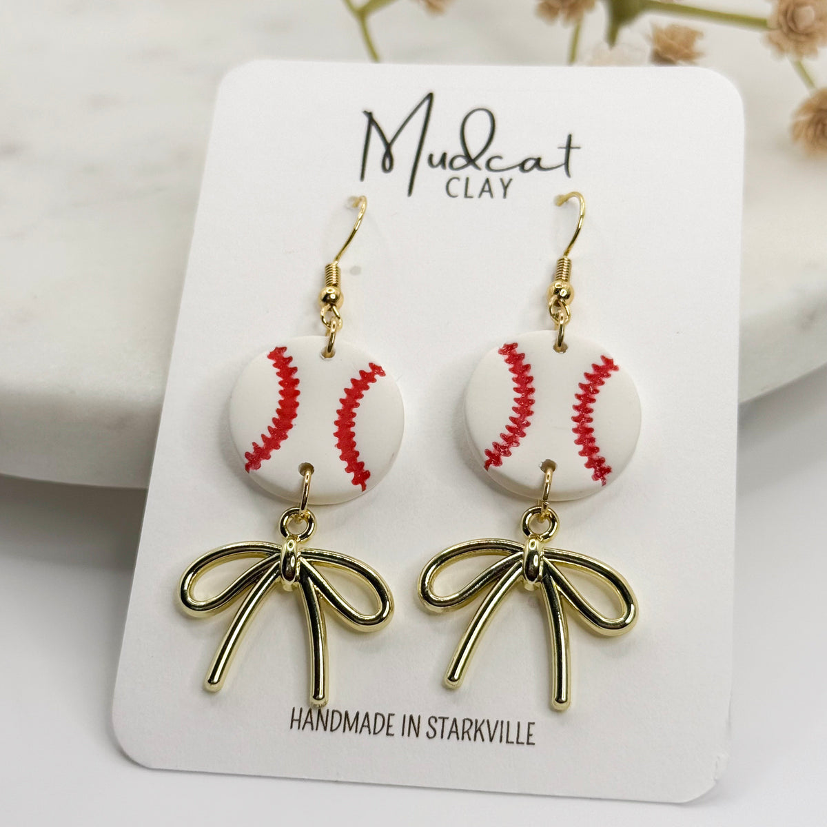 Baseballs and Bows Earrings | Red Stitching