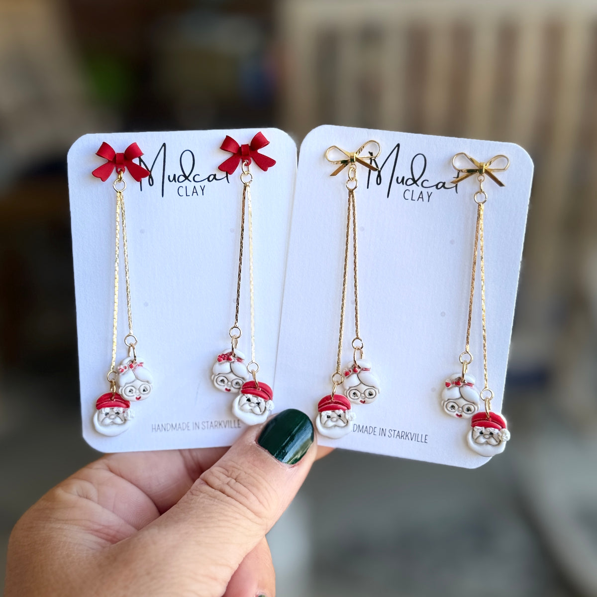 Santa & Mrs. Claus - Chain & Bow Dangle Earrings