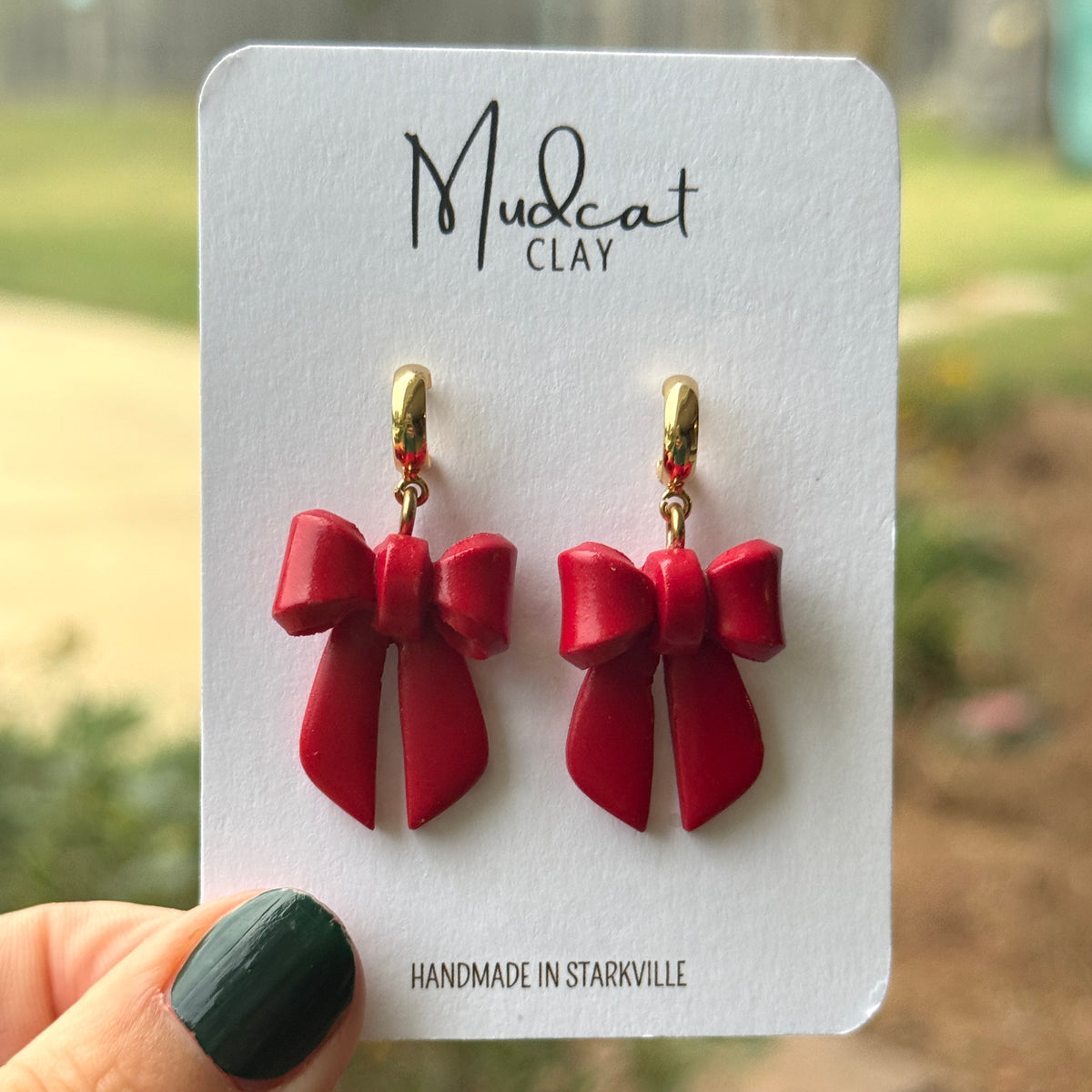 3D Glossy Red Ribbon Bow Earrings