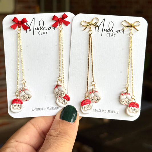 Santa & Mrs. Claus - Chain & Bow Dangle Earrings