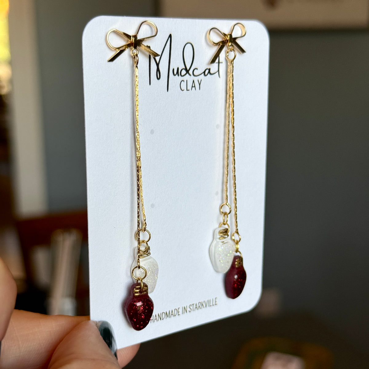 Mini Christmas Lights - Chain & Bow Dangle Earrings
