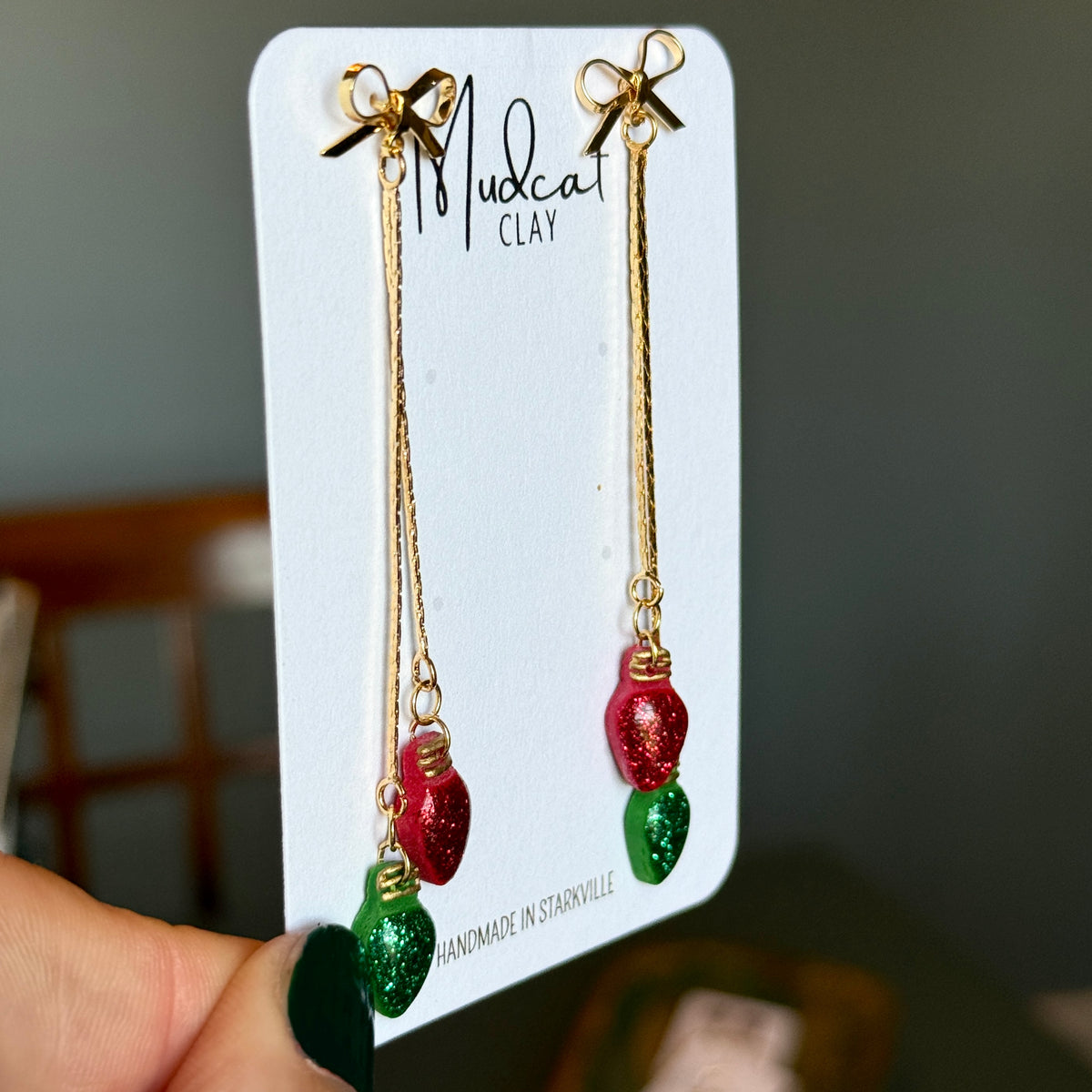 Mini Christmas Lights - Chain & Bow Dangle Earrings