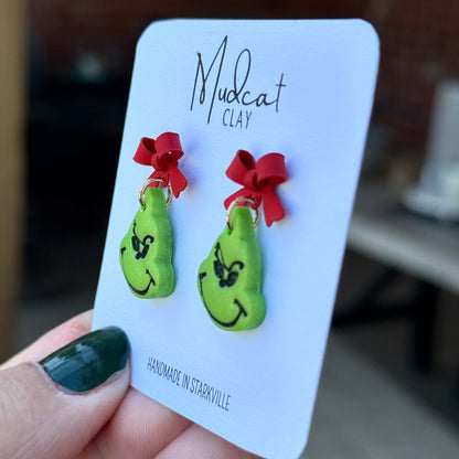 Grinch & Red Bow Earrings