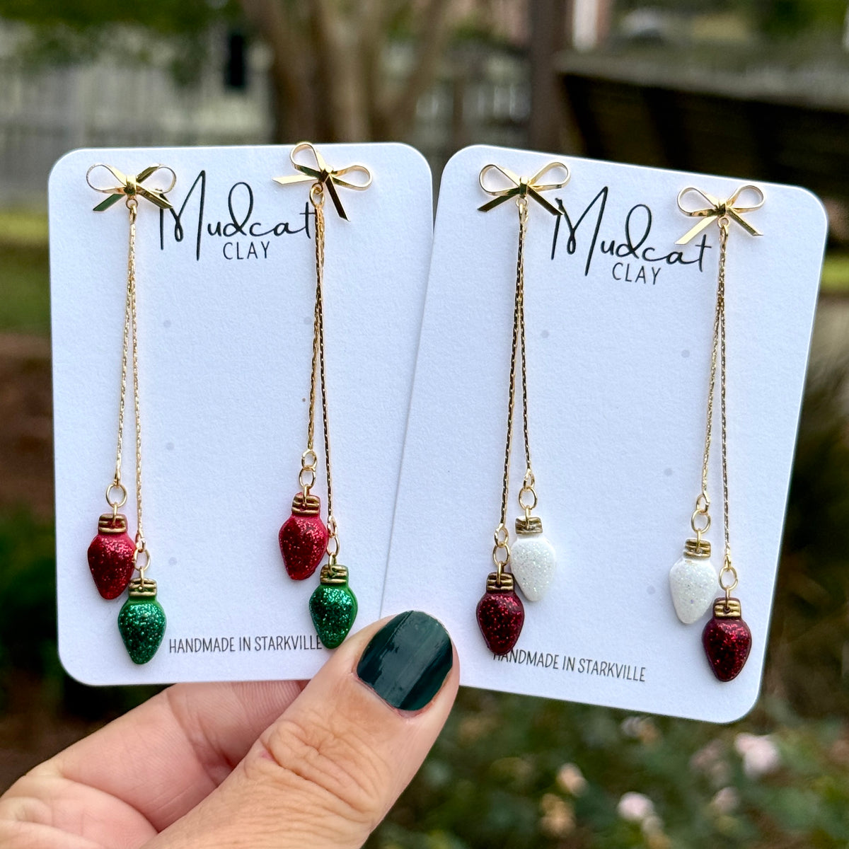 Mini Christmas Lights - Chain & Bow Dangle Earrings