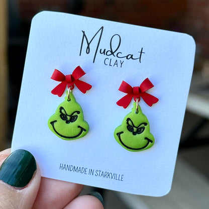 Grinch & Red Bow Earrings