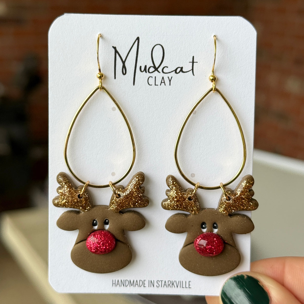 Big Face Reindeer Earrings on Teardrop Hoop Dangle
