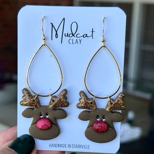 Big Face Reindeer Earrings on Teardrop Hoop Dangle