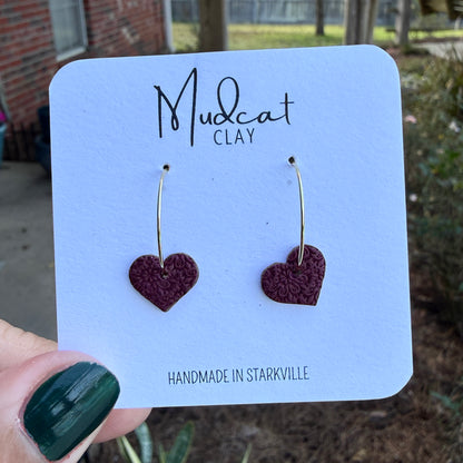Small Hoop Earrings with Textured Maroon Hearts