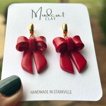 3D Glossy Red Ribbon Bow Earrings
