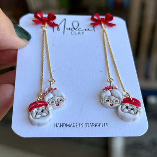 Santa & Mrs. Claus - Chain & Bow Dangle Earrings
