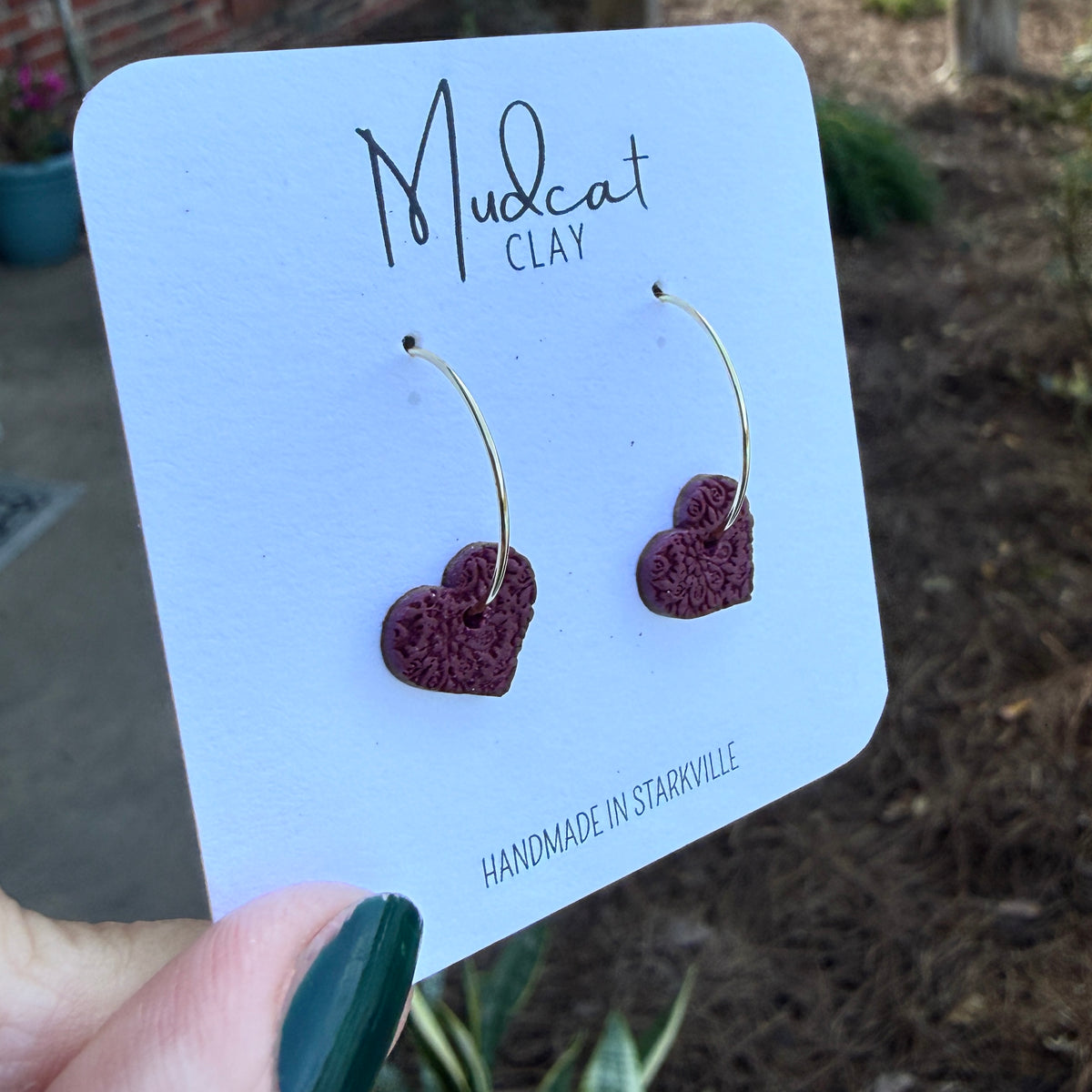 Small Hoop Earrings with Textured Maroon Hearts