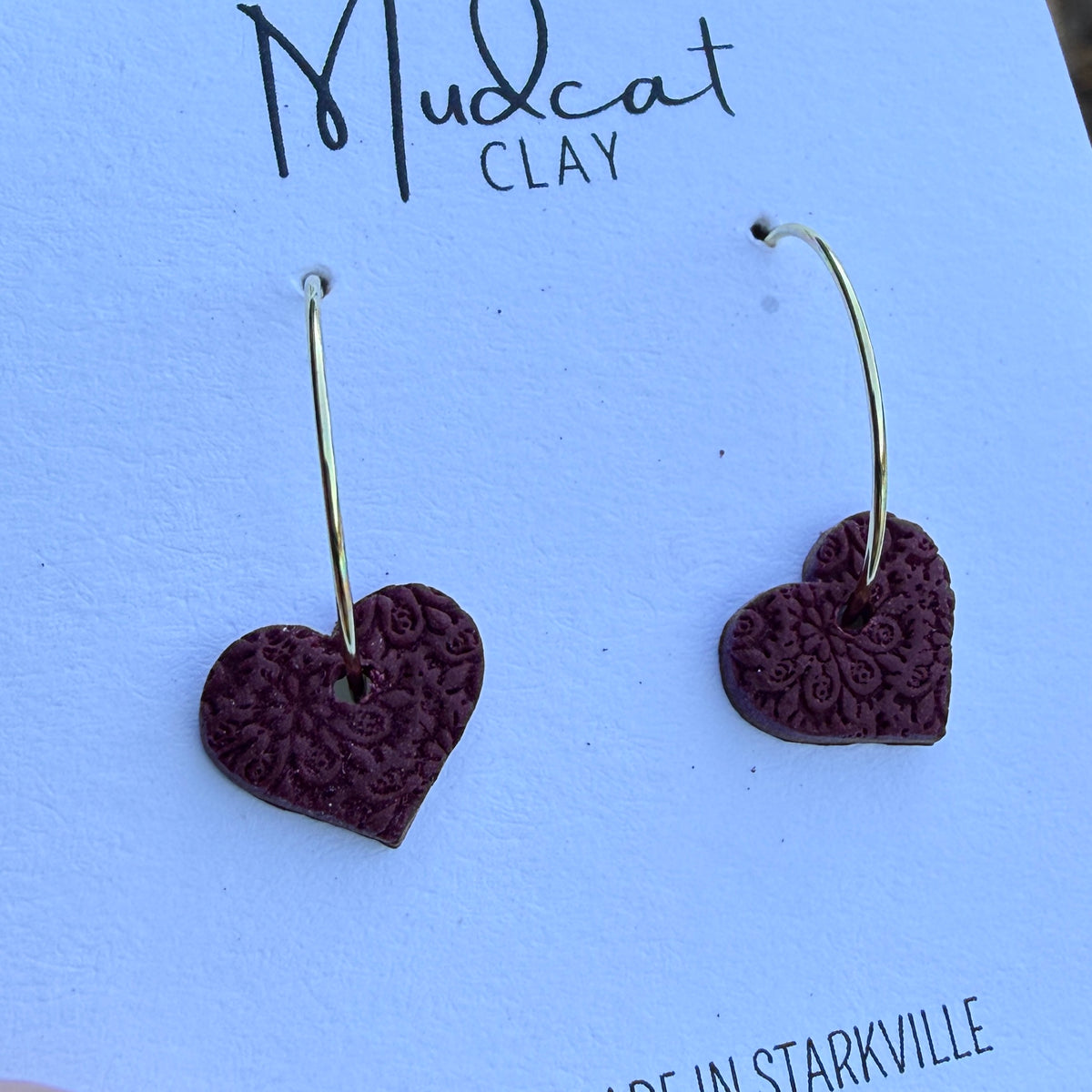 Small Hoop Earrings with Textured Maroon Hearts