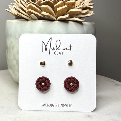 Gold Stud Combo - Rounded Squares & Maroon Daisies