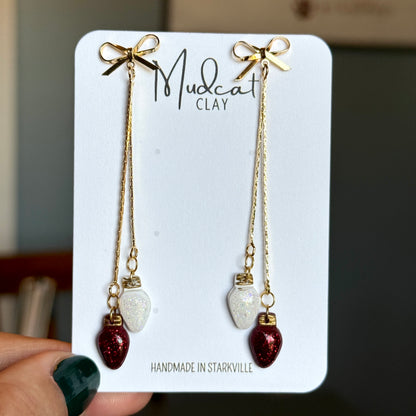 Mini Christmas Lights - Chain & Bow Dangle Earrings