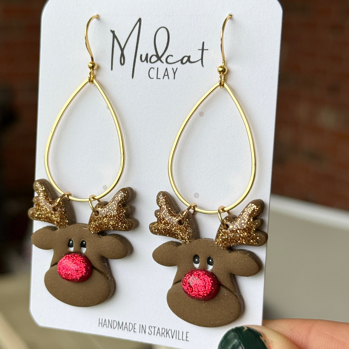 Big Face Reindeer Earrings on Teardrop Hoop Dangle