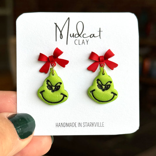 Grinch & Red Bow Earrings