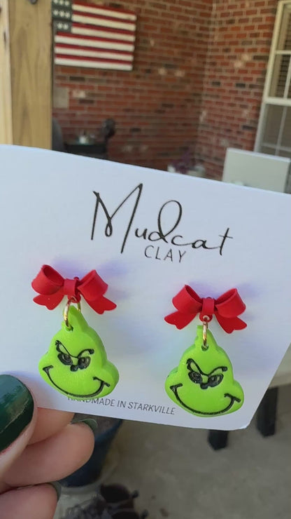 Grinch & Red Bow Earrings
