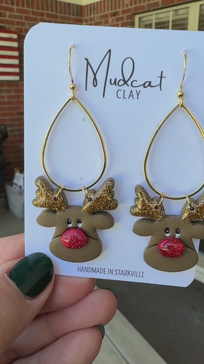 Big Face Reindeer Earrings on Teardrop Hoop Dangle