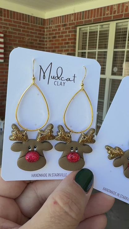 Big Face Reindeer Earrings on Teardrop Hoop Dangle